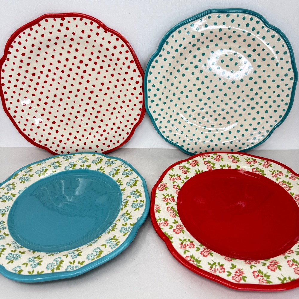 Pioneer Woman Dinner Plates Set of 4 Timeless Floral & Retro Dot